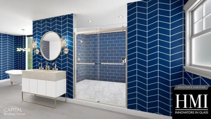 Bathroom with modern blue tile and large glass shower